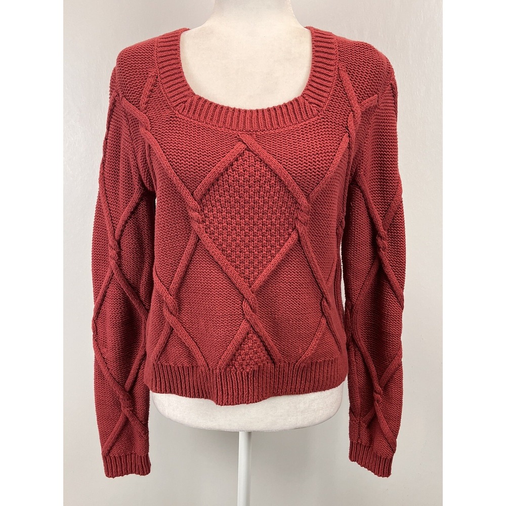 CAbi Square Neck Pullover Sweater Size S Mulberry Red Cable Knit #3883 GUC